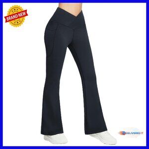 Fleece Lined Flare Leggings with Pockets, Thermal Yoga Pants for Winter